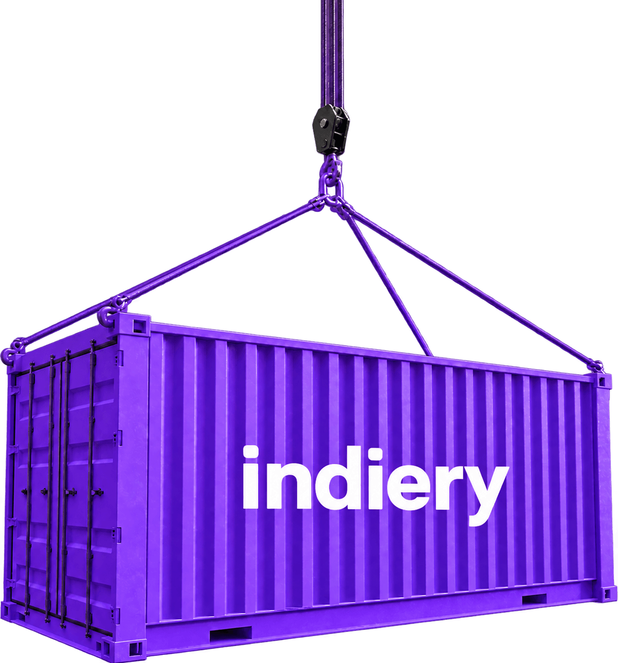 Indiery purple cargo container suspended by crane cables
